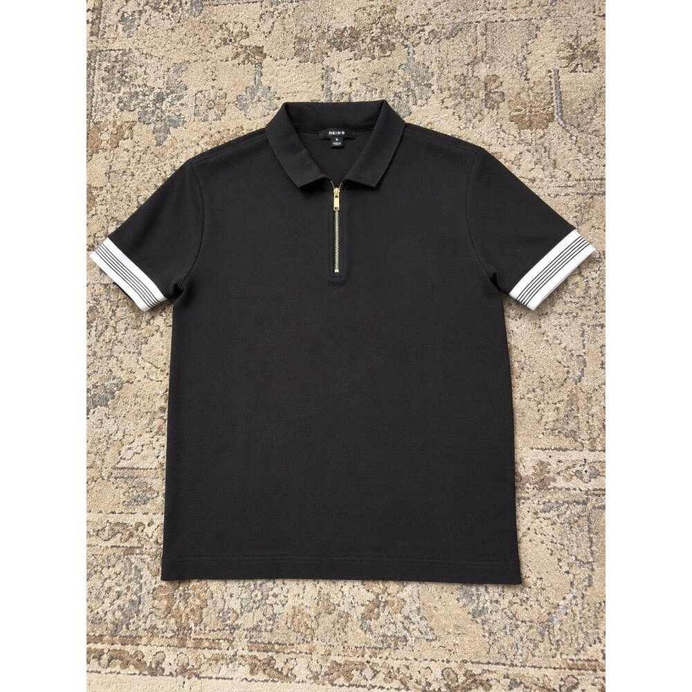 Reiss Mens Medium Black Textured Polo Shirt Quarter Zip Striped Cuff Luxury